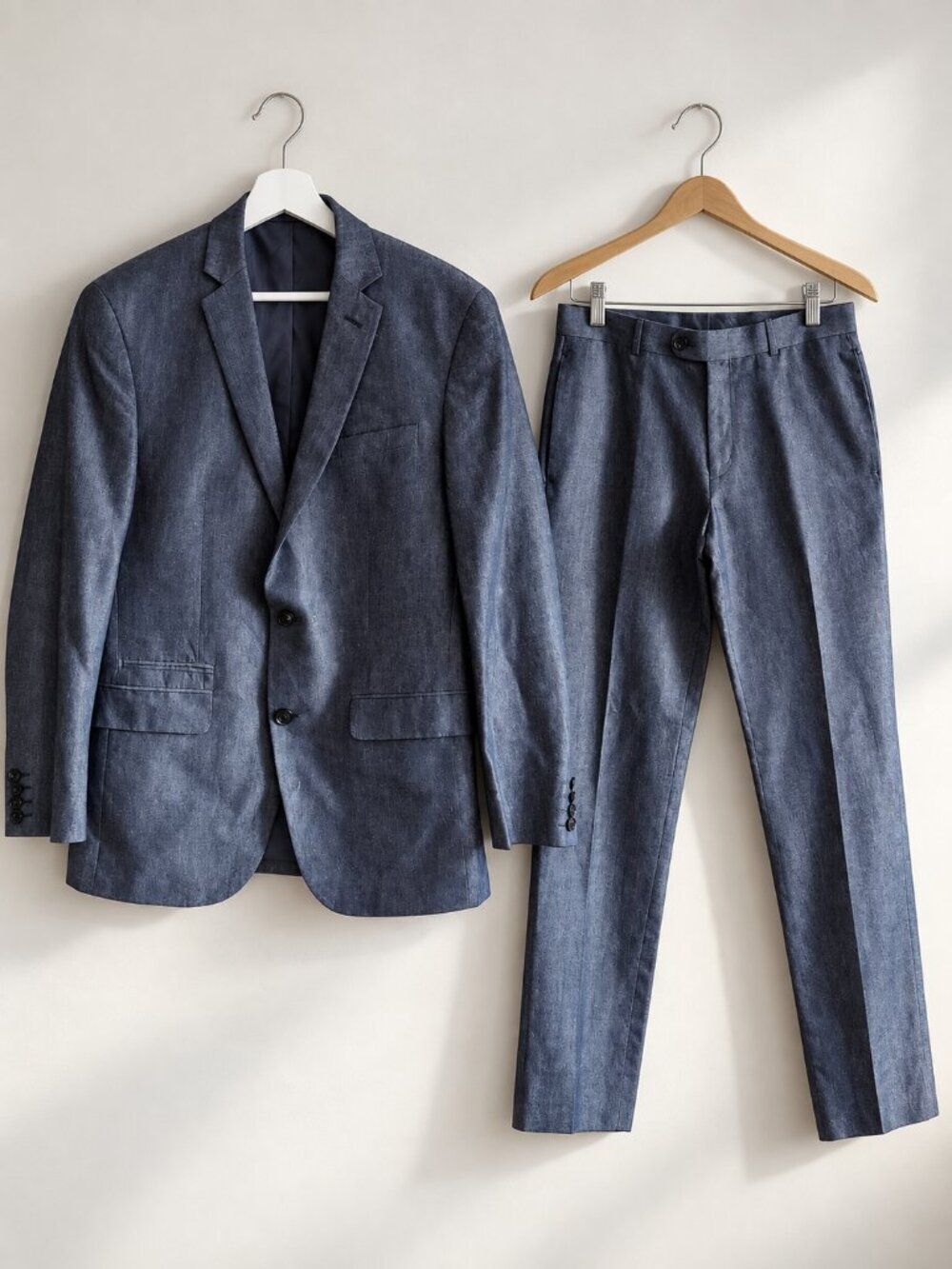 Bar III Men's 38R 31R Blue Cotton Linen Slim Fit 2pc Suit Quiet Luxury Business